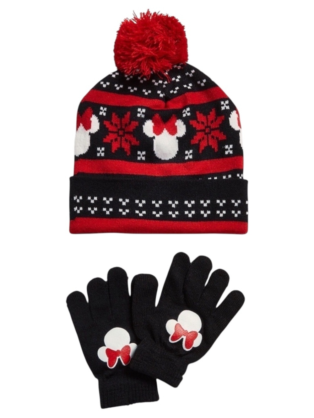 Disney Minnie Mouse Beanie Hat & Gloves Set Girls 4-6X Red Black NEW
